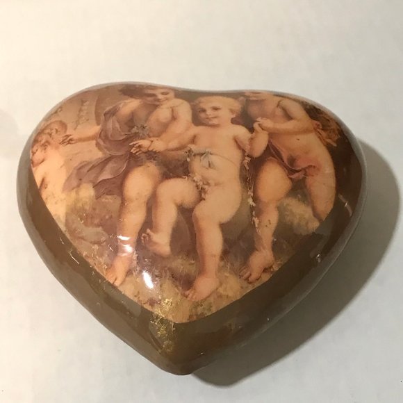 Vintage Ceramic Heart Trinket Box Jewelry Victorian Cherub Children Roses Padded - Picture 8 of 12